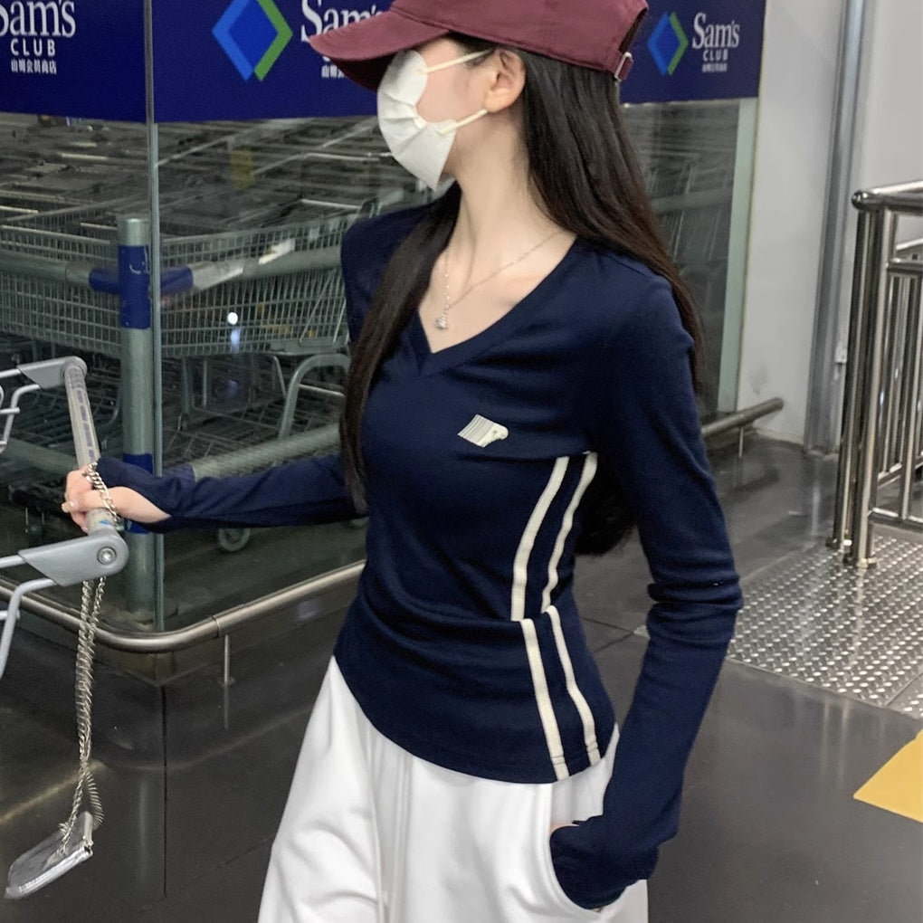 Vネック ストレッチ ロングTシャツ レディース 韓国 ファッション ロゴ ライン ロンT 指抜き ロング袖 タイト カットソー