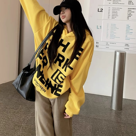 ロゴ グラフィック ビッグ パーカー プルオーバー レディース 韓国 ファッション ロゴプリント イエロー フード スウェット トップス