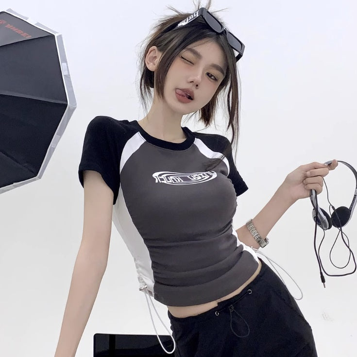 クロップド Tシャツ レディース 韓国 ファッション ドローコード 絞り ロゴ グラフィック ラグラン T Y2K