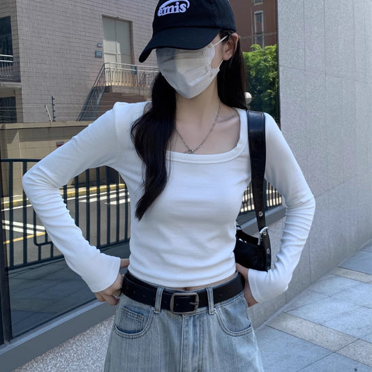 クロップド ロングTシャツ レディース 韓国 ファッション スクエアネック ストレッチ 長袖 カットソー