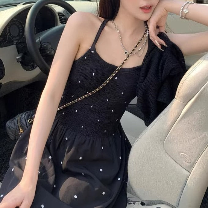 ドット ワンピース カットアウト バックシャン 韓国 ファッション フレア ロングワンピース 夏