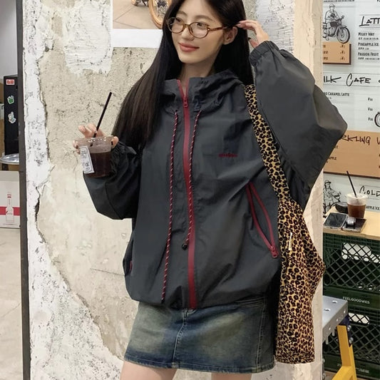 ナイロン ジャケット レディース ジップパーカー 韓国 ファッション ウィンドブレーカー 秋 スポーツ アウター ワンポイント ロゴ