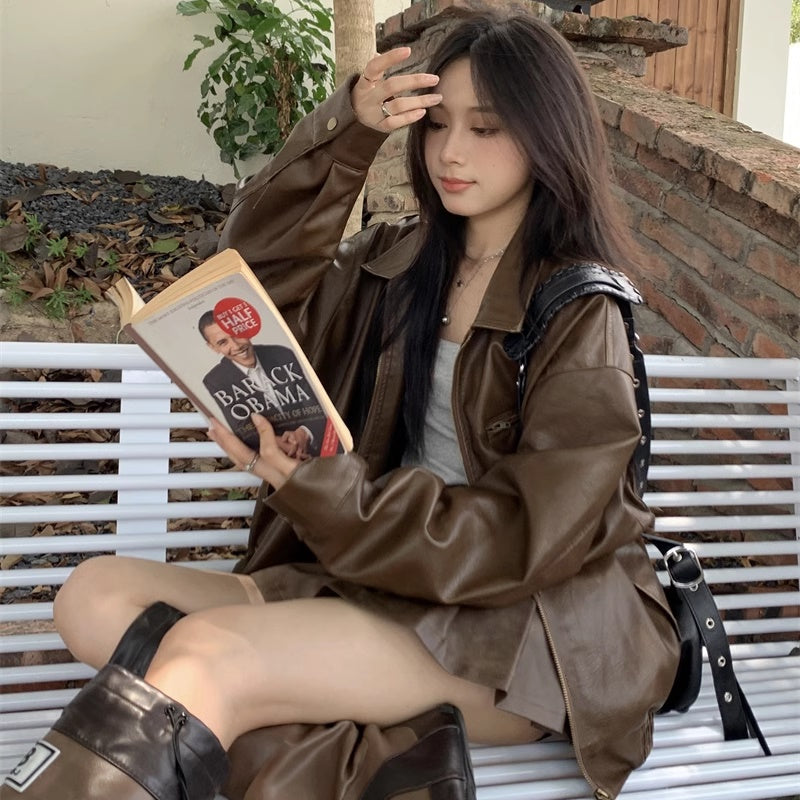 エコレザー セットアップ レディース 韓国 ファッション フェイクレザージャケット プリーツ ミニスカート 上下セット