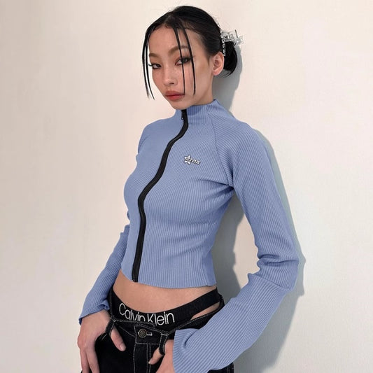 クロップド ジップアップ ロングTシャツ レディース 韓国 ショート丈 ロゴ マーク リブ素材 ジップ トップス