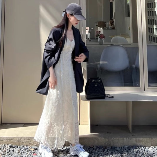 ノースリーブ ワンピース 韓国 キャミワンピ フリル 刺繍 レース シアーメッシュ ロングワンピース