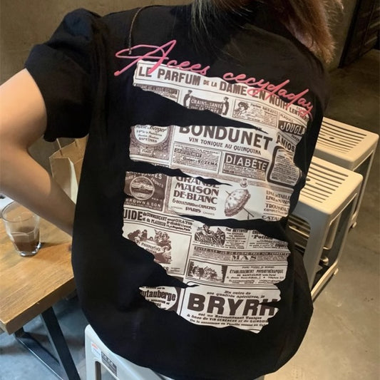 グラフィック Tシャツ レディース 韓国 ファッション バック プリント 白T 黒T かわいい