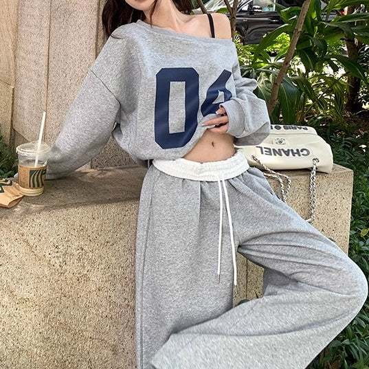スウェット セットアップ レディース 韓国 ファッション オフショル オーバサイズ トレーナー スウェットパンツ 上下セット ナンバーロゴ プリント