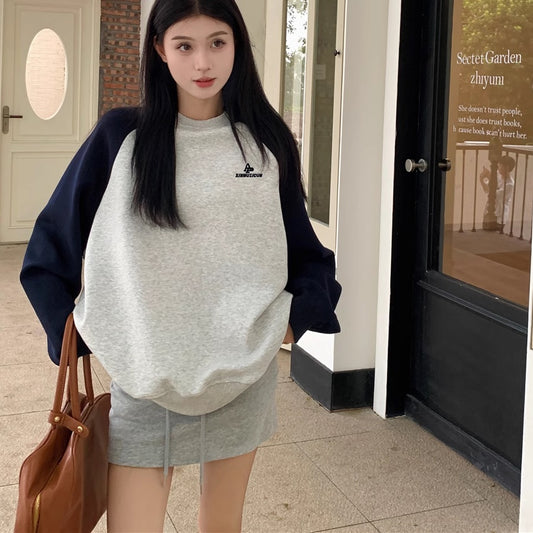 ラグラン トレーナー レディース 韓国 ファッション ワンポピント ロゴ ビッグシルエット スウェット