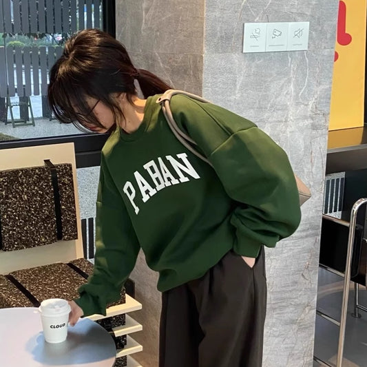 ロゴ トレーナー レディース 韓国 ファッション 秋冬 プルオーバー スウェット シャツ グリーン シンプル アメカジ トップス