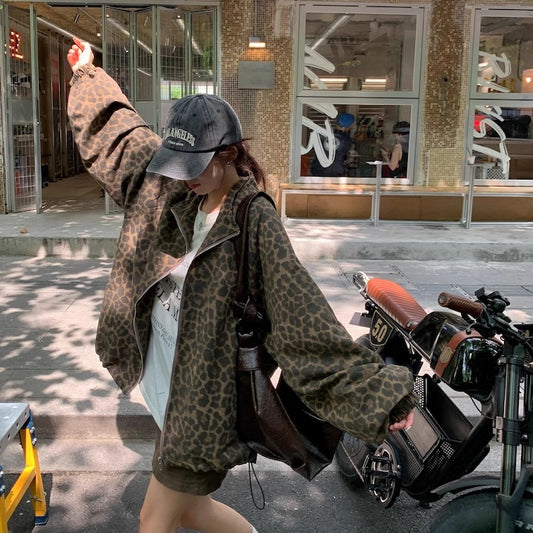 レオパード ジップ ブルゾン レディース 韓国 ファッション オーバーサイズ アニマル ヒョウ柄 ジャケット