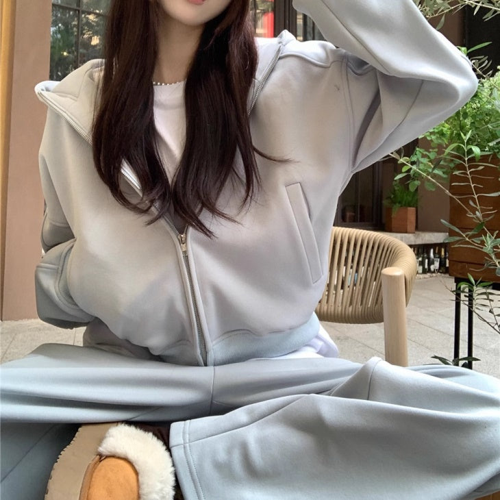 パーカーセットアップ レディース 韓国 ファッション スウェット ジップパーカー ワイドパンツ 上下2点セット