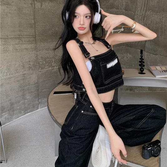 デニム ビスチェ セットアップ レディース 韓国 ファッション 黒デニム クロップ トップス ワイドデニムパンツ 上下2点セット