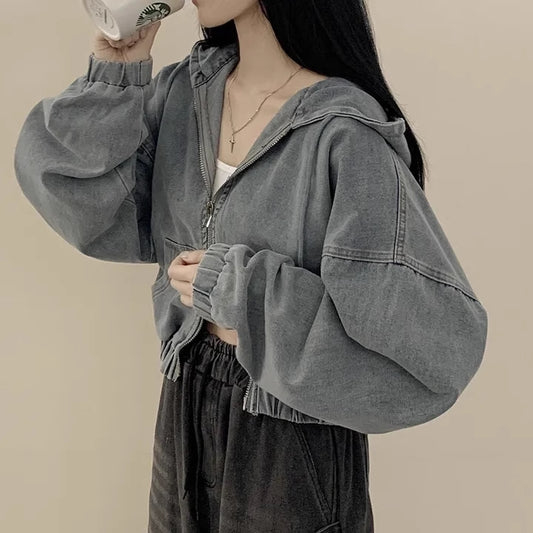 デニム パーカー レディース 韓国 ファッション ジップ デニム フード ジャケット ダメージ加工 おしゃれ