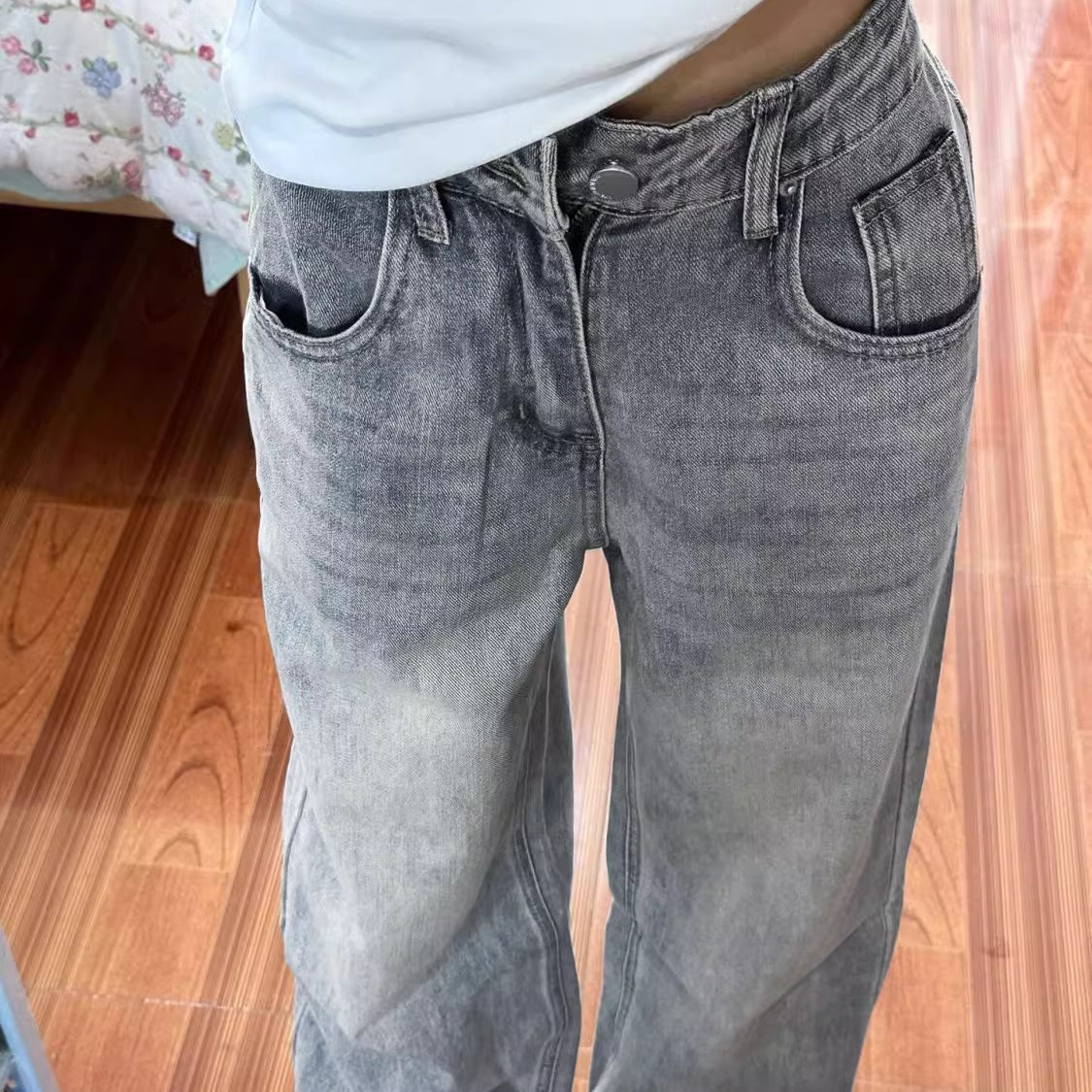 ブラック デニムパンツ レディース 韓国 ファッション ダメージ加工 ワイドデニム ライトグレー