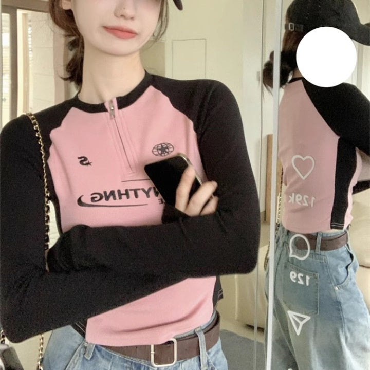 カーフジップ ショート丈 ロングTシャツ レディース 韓国 ファッション クロップド スポーツ カットソー