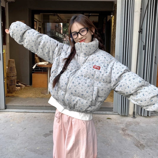 エコ ダウン ジャケット レディース 韓国 アウター クロップ丈 花柄 中綿 ワンポイント ボリューム ショート ジャケット