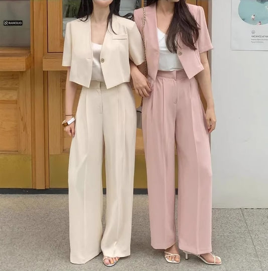セットアップ レディース 夏 スーツ 上下セット 韓国 ファッション クロップド ショートジャケット ワイドパンツ カジュアルスーツ