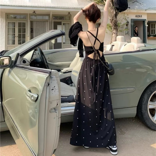 ドット キャミ ロングワンピース 韓国 ファッション バックホール 背中見せ Aラインフレア サマーワンピ 夏