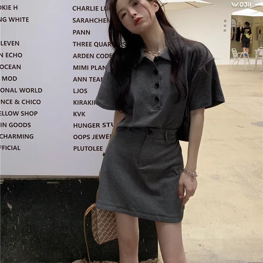 セットアップ レディース ポロシャツ タイトスカート 上下セット 韓国 ファッション 夏コーデセット ミニスカート グレー