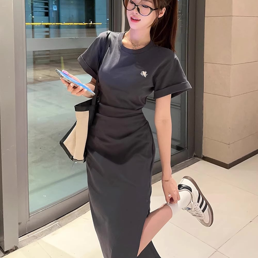 半袖 ロングワンピース レディース 韓国 ファッション 夏 カットソーワンピ スリット ウエスト絞り