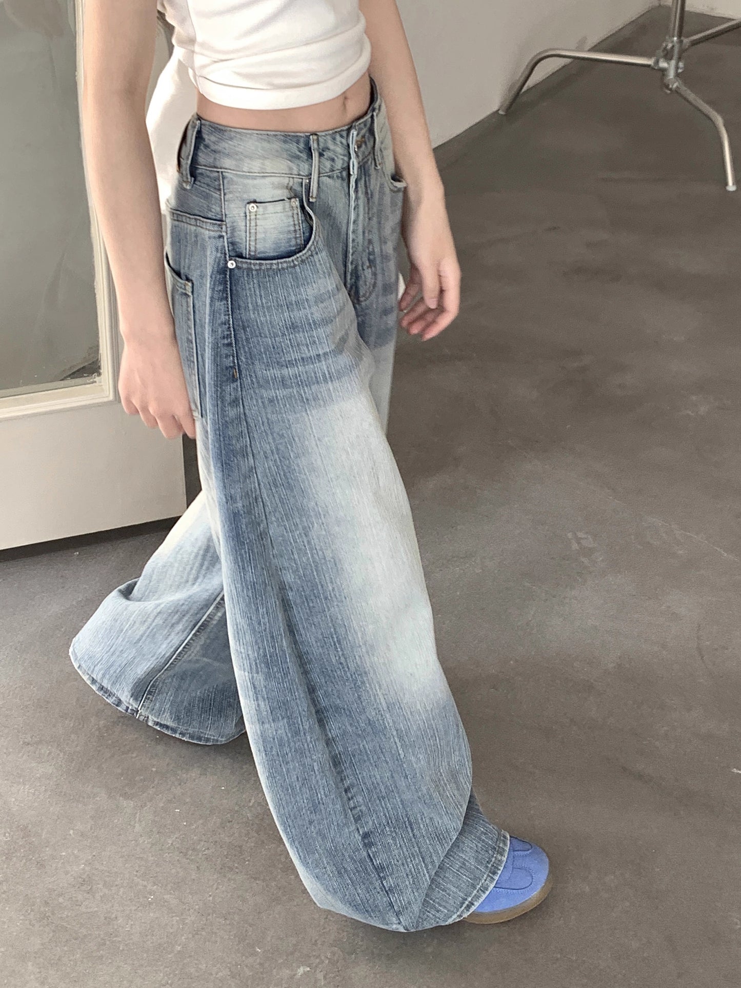 デニムパンツ カーブ ワイドパンツ レディース 韓国 ファッション バレルレッグ ダメージ加工 ヴィンテージ デニム