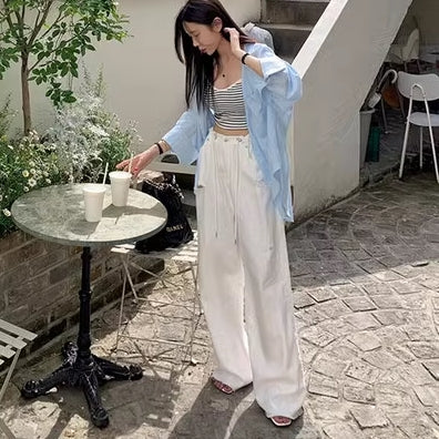 デニム ワイドパンツ レディース 韓国 ファッション ホワイトデニム ブルーデニム ユーズド クラッシュ加工 春夏 デニムパンツ