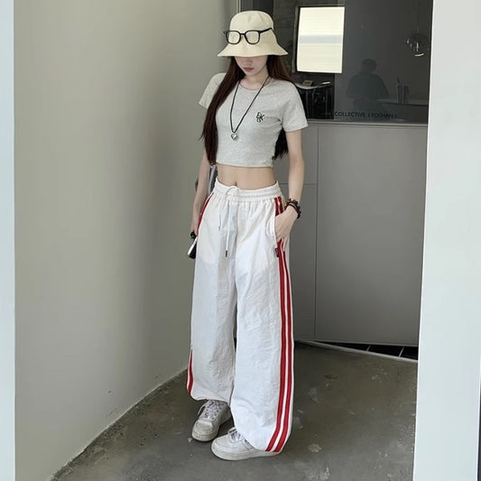 ライン パラシュートパンツ レディース 韓国 ファッション ワイド ナイロンパンツ サイドライン シャカシャカ パンツ