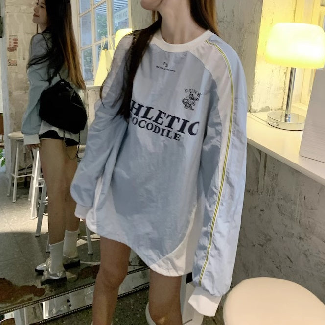 ナイロン ユニフォーム ロンT レディース ロゴ バイカラー 韓国 ファッション カラーブロック ロゴ ドローコード 絞り オーバーサイズ ロングtシャツ