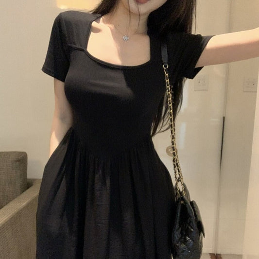 黒 ワンピース 韓国 ファッション レディース 夏 ロング ワンピ Aライン フレア 半袖 ロングワンピース