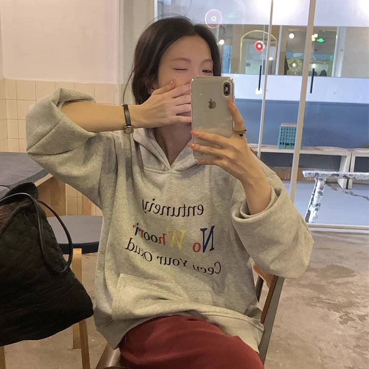 パーカー レディース 韓国 ファッション フロントロゴ フラフィック プルオーバー グレー パーカー オーバーサイズ
