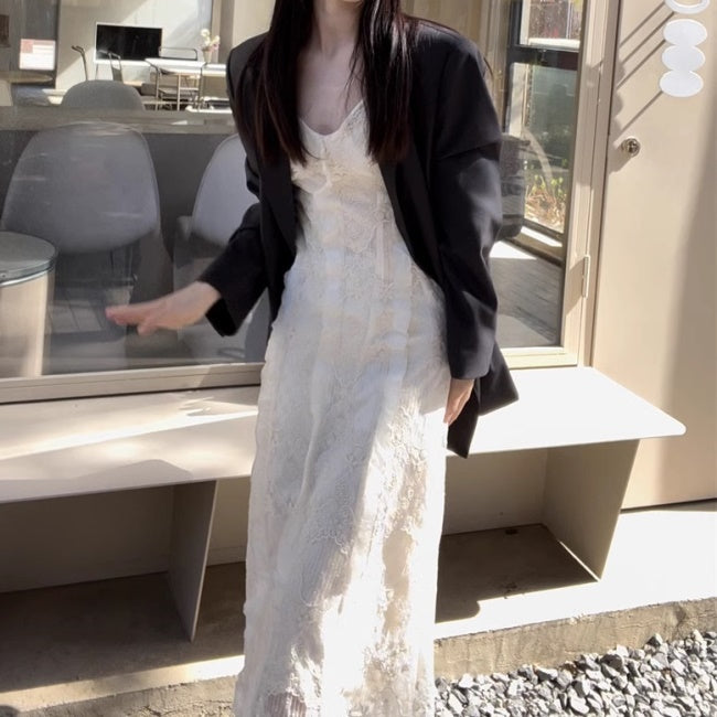 ノースリーブ ワンピース 韓国 キャミワンピ フリル 刺繍 レース シアーメッシュ ロングワンピース