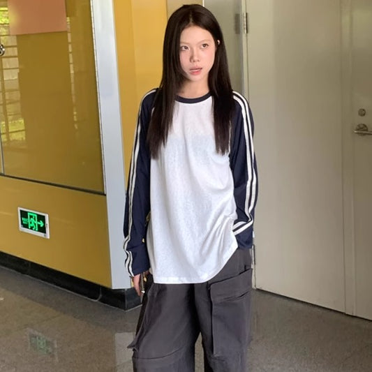 ライン ロングTシャツ レディース 韓国 ファッション ラグランスリーブ ロンT サイドライン