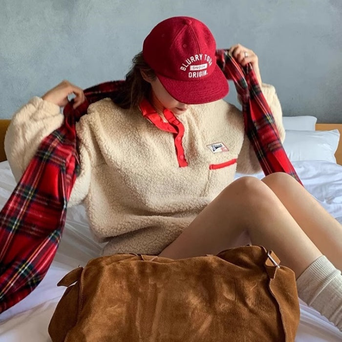 ボアトレーナー レディース 韓国 ファッション ロゴパッチ もこもこ パイピング ビッグシルエット ハーフボタン ボア トップス