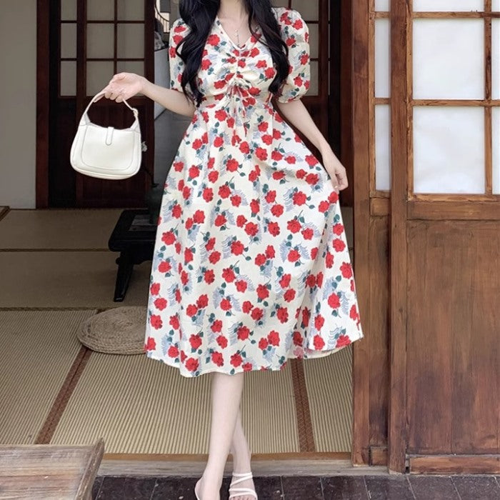 花柄 ワンピース レディース 韓国 Vネック Aライン お呼ばれ パフスリーブ 半袖 ミモレワンピース きれいめ 夏ワンピ