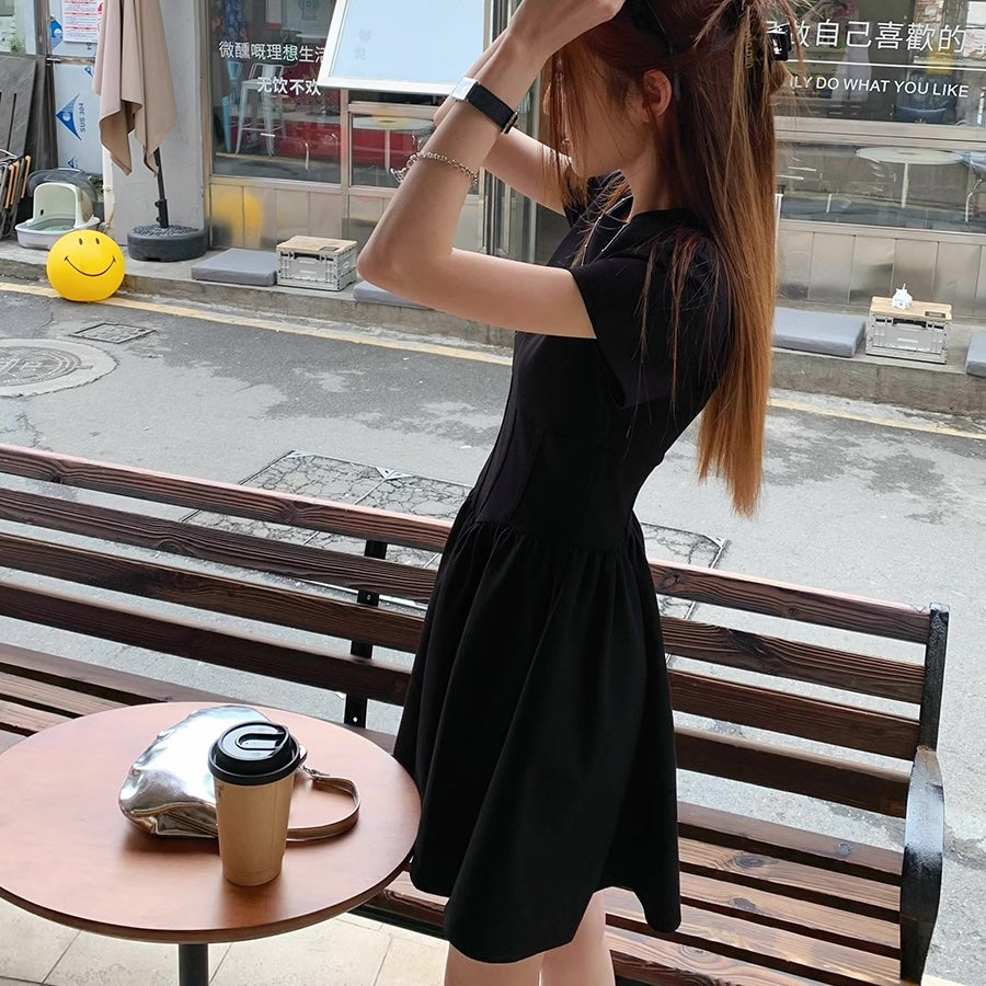 フレア ミニワンピース レディース 韓国 ファッション ストレッチ タイト 半袖 ミニワンピ 黒シンプル