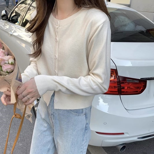 カーディガン ボタン ニット レディース 韓国 ファッション カラフル ポイントカラー ショート丈 ハイゲージ 長袖 上品 清楚