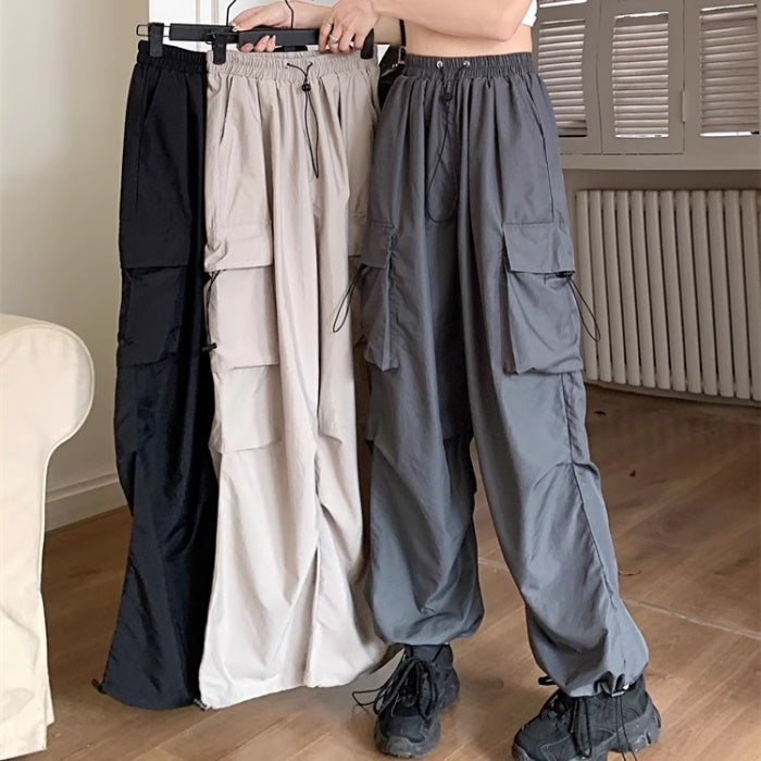ナイロン パラシュート カーゴパンツ レディース 韓国 ファッション サイドポケット ドローコード ワイドパンツ – geeg