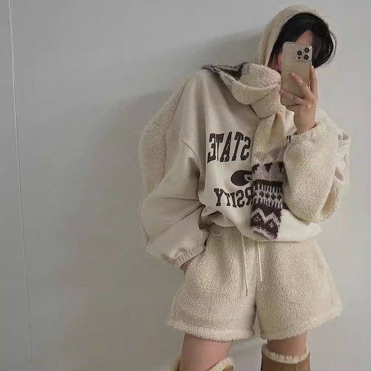 ボア セットアップ レディース ボア切替 トレーナー ショートパンツ 上下セット レディース 韓国 ファッション ロゴプリント アメカジ オーバーサイズ コーデセット