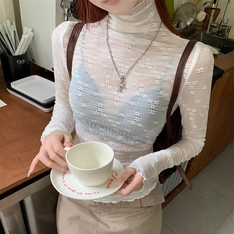 シースルー カットソー ハイネック レディース 韓国 ファッション 花柄 フェミニン かわいい Tシャツ ストレッチ タイト すけ感 シアーメッシュ 長袖 クリンクルネック レタス