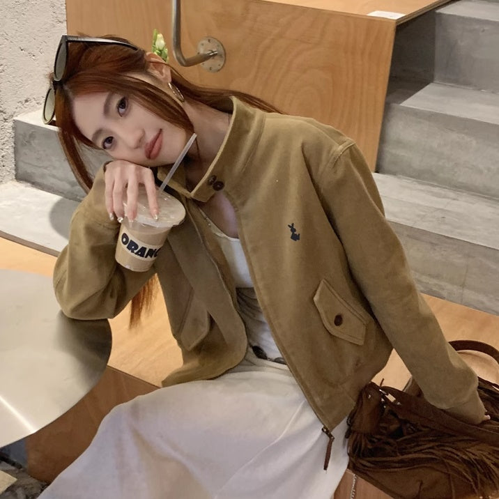 ライダース コーデュロイ ブルゾン レディース 韓国 ファッション ワンポイント ロゴ レトロ ジャケット