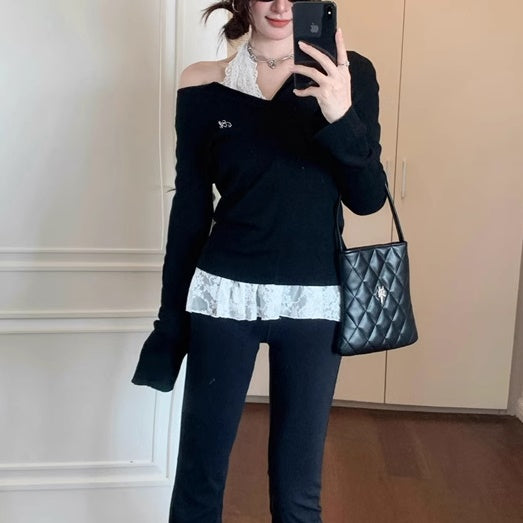 レイヤード ニット トップスセット レディース 韓国 ファッション タイト リブニット カットソー レースブラウス 重ね着 コーデ