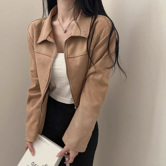 スウェード クロップド ブルゾン レディース 韓国 ファッション ジップアップ バイカーズ ジャケット