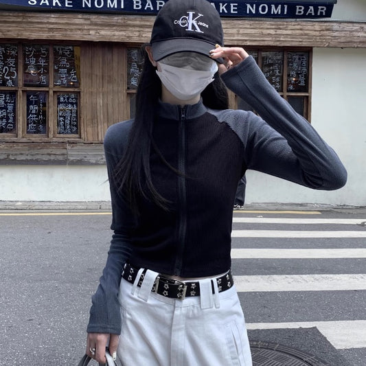 クロップド ジップアップ トップス レディース 韓国 バイカラー ミニマム ストレッチ リブ素材 ショート丈 ジップトップ