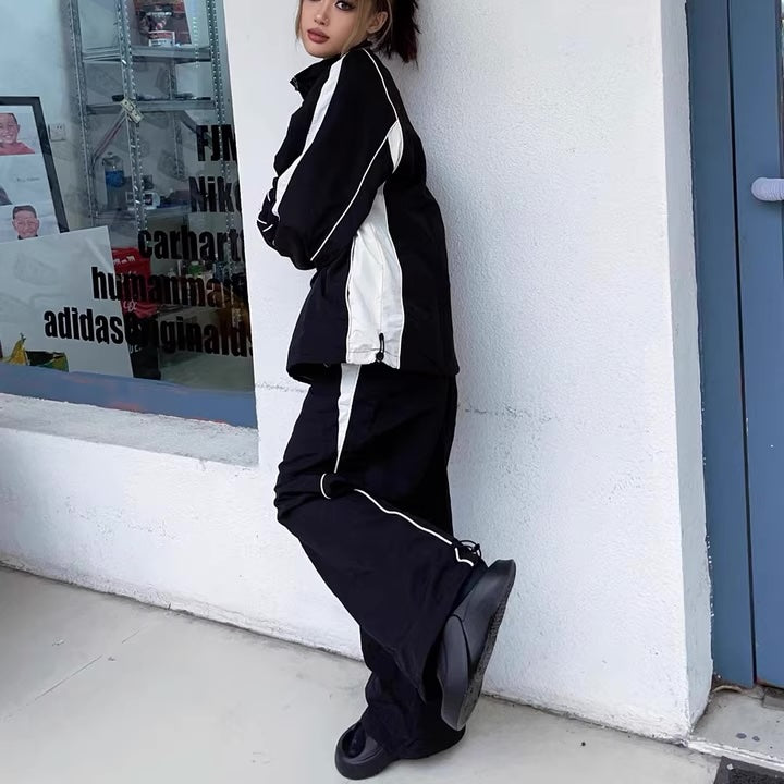 ナイロン ジャージ セットアップ レディース 韓国 ファッション ジップ ナイロンジャケット シャカパン 上下セット ストリート カジュアル バイカラー モノクロ ラインジャージ