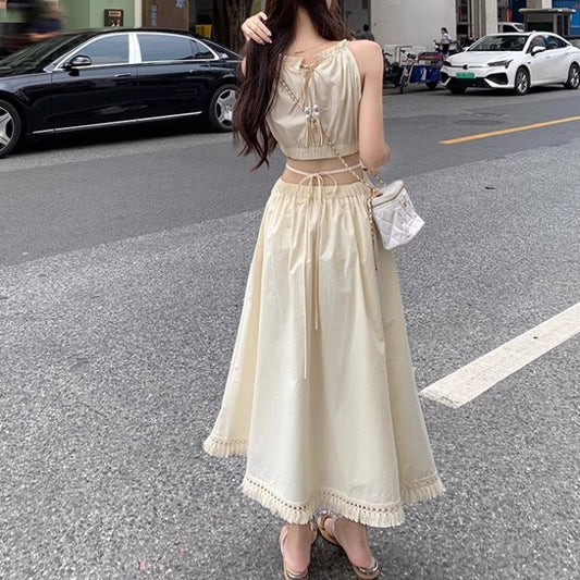 カットアウト ワンピース 韓国 背中見せ ロングワンピース ノースリーブ リボン サマーワンピ