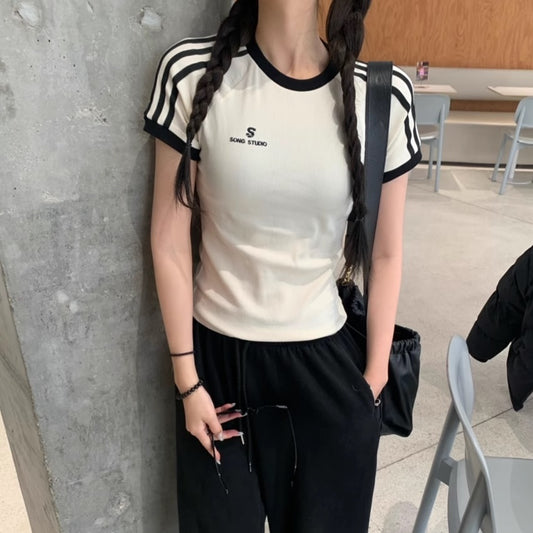 Tシャツ レディース ライン ストレッチ リブ チビT 韓国 ファッション リンガー ロゴT