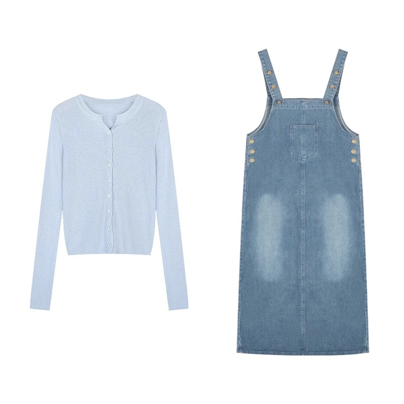 デニム サロペットスカート レディース 韓国 ファッション レトロ ダメージ加工 ジャンパースカート ボタンニット 2点セット
