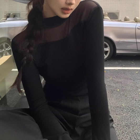 シースルーカットソー レディース 韓国 ファッション 黒トップス ハイネック スリムタイト 長袖 ブラック モックネック