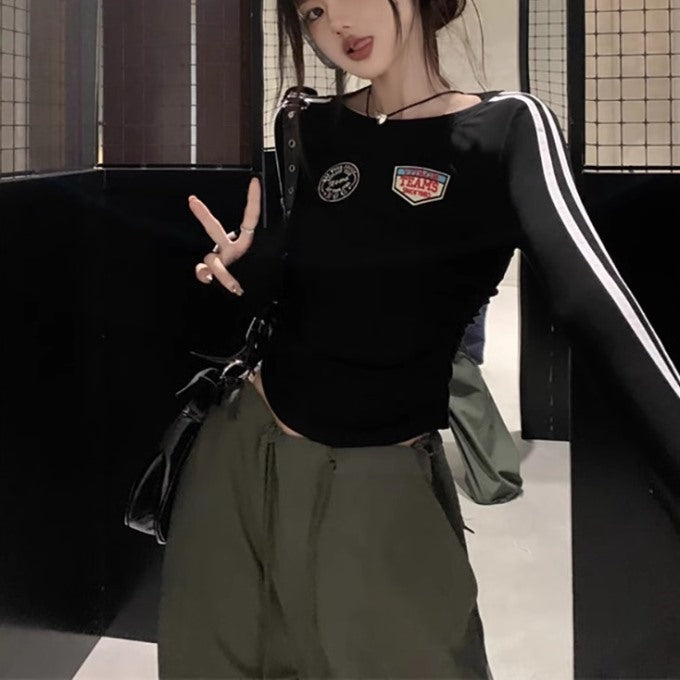クロップド ロングTシャツ レディース 韓国 ファッション 袖 ライン チビT 長袖 ロゴ ラインT ストレッチ タイトフィット ミニマム