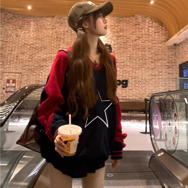 ゲーム スウェットシャツ トレーナー レディース 韓国 ファッション ラグラン 袖ライン 星マーク カラーブック Vネック オーバーサイズ スウェット トップス